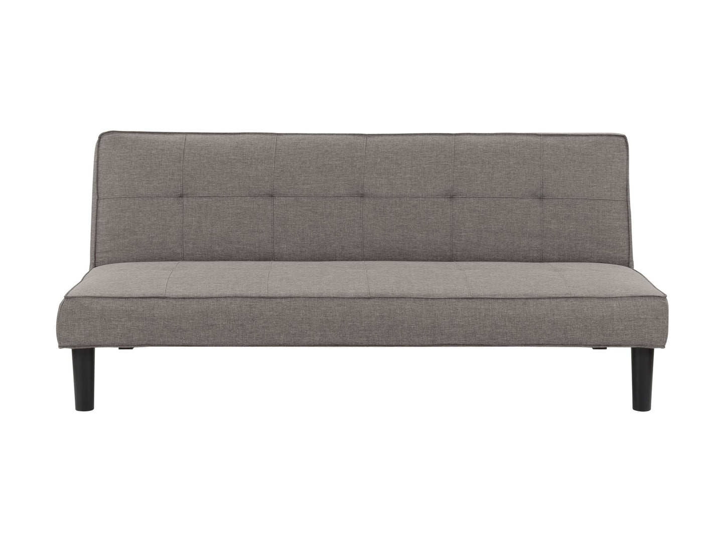 Light grey futon sofa bed with tufted cushions and sleek wooden legs, perfect for modern living rooms.