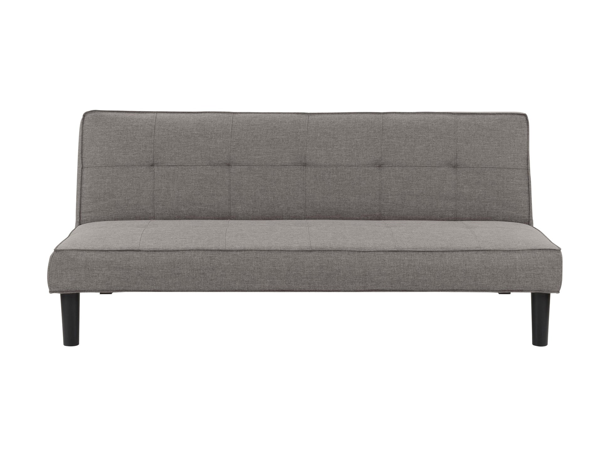 Light grey futon sofa bed with tufted cushions and sleek wooden legs, perfect for modern living rooms.