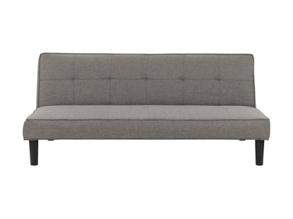 Light grey futon sofa bed with tufted cushions and sleek wooden legs, perfect for modern living rooms.