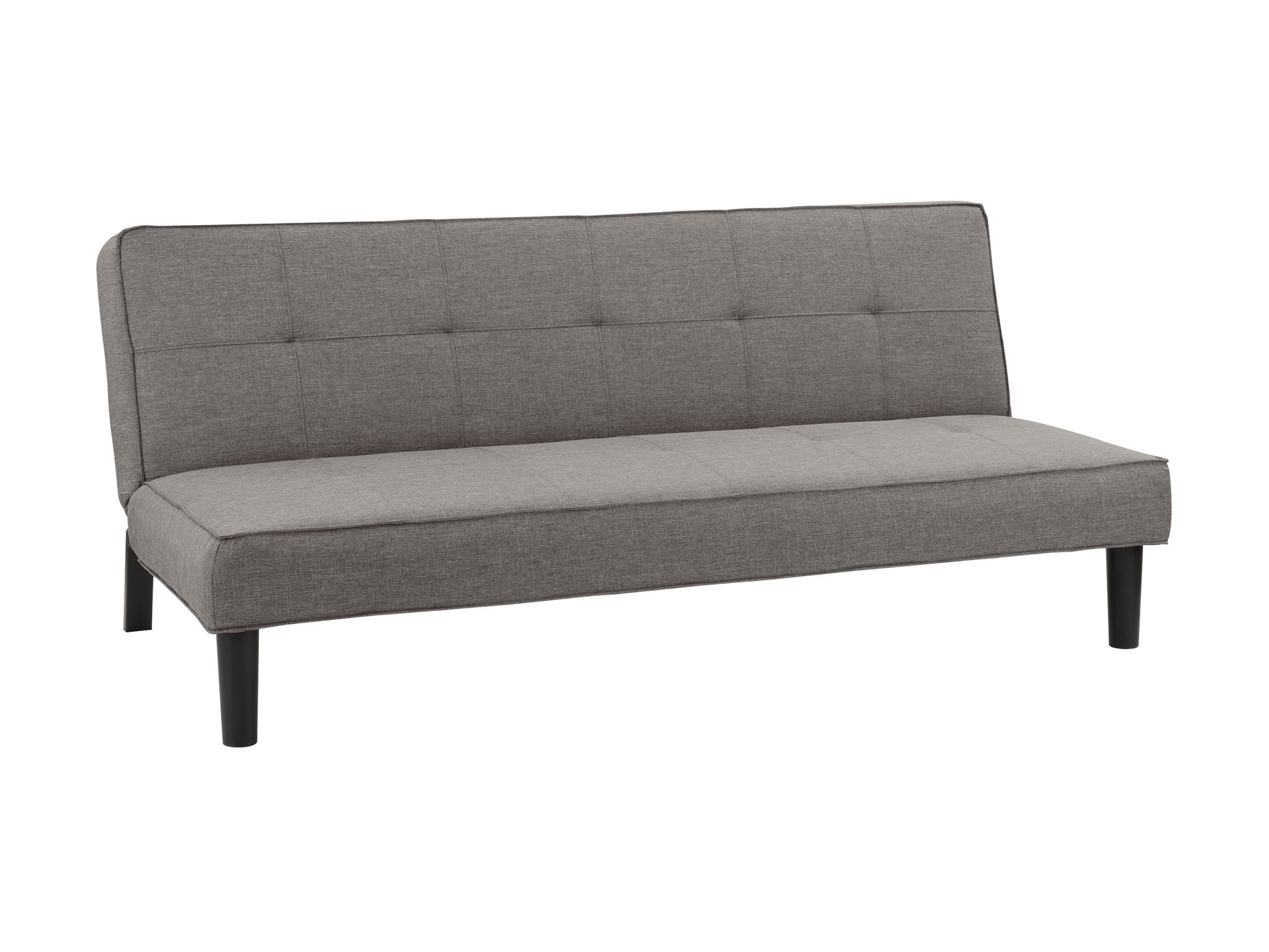 Light grey futon sofa bed with tufted cushions, wooden legs, and a minimalist design.