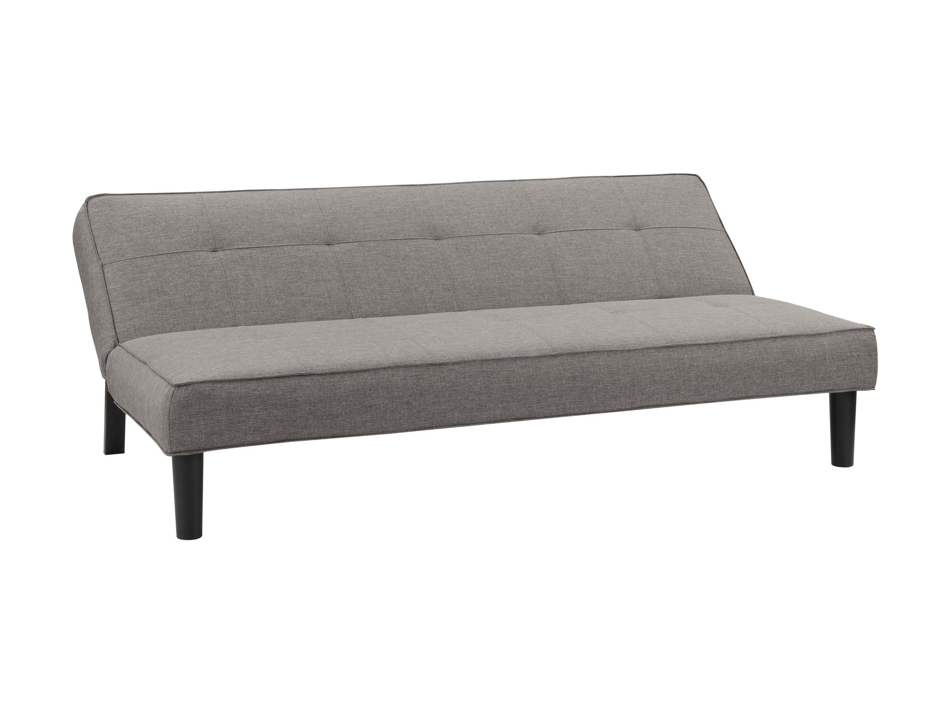 Light grey futon sofa bed with tufted cushions, wooden legs, and convertible design for modern living spaces.