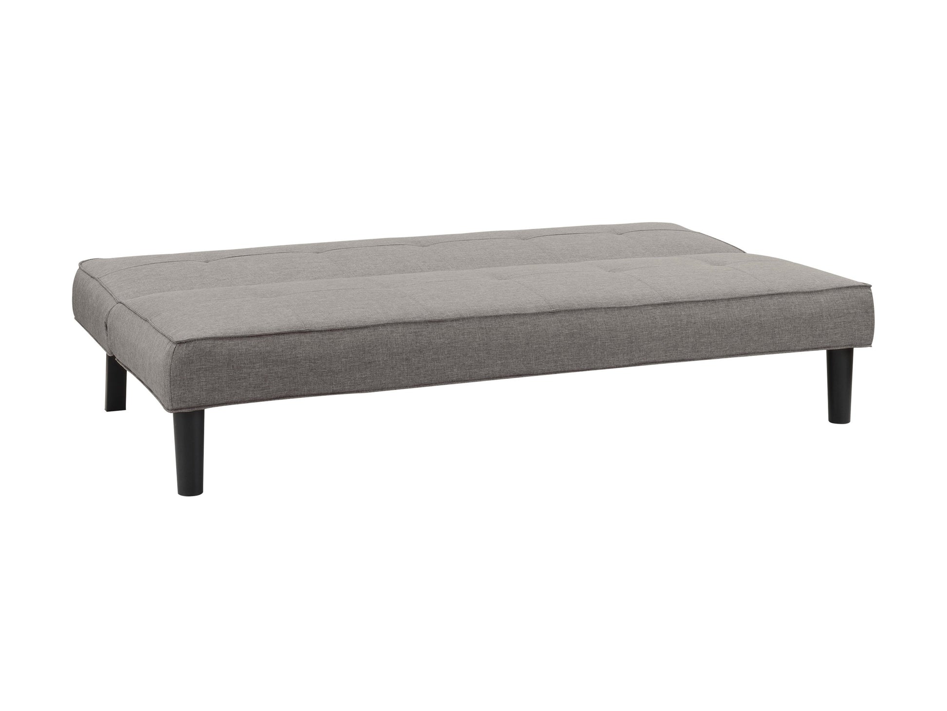 Light grey futon sofa bed with tufted cushions, wooden legs, and a sleek modern design.