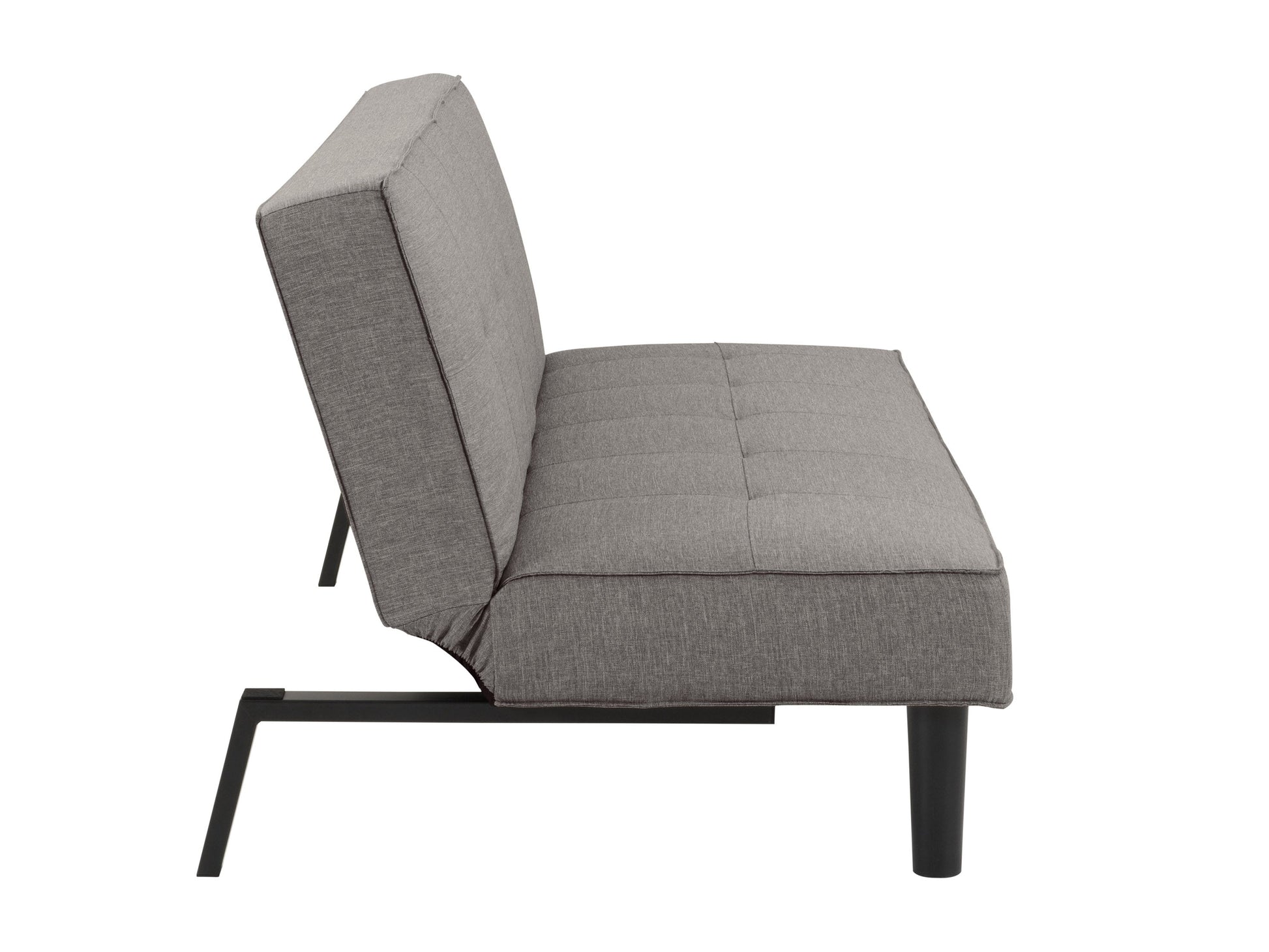 Light grey futon sofa bed with tufted cushions and wooden legs, versatile and stylish for modern living spaces.