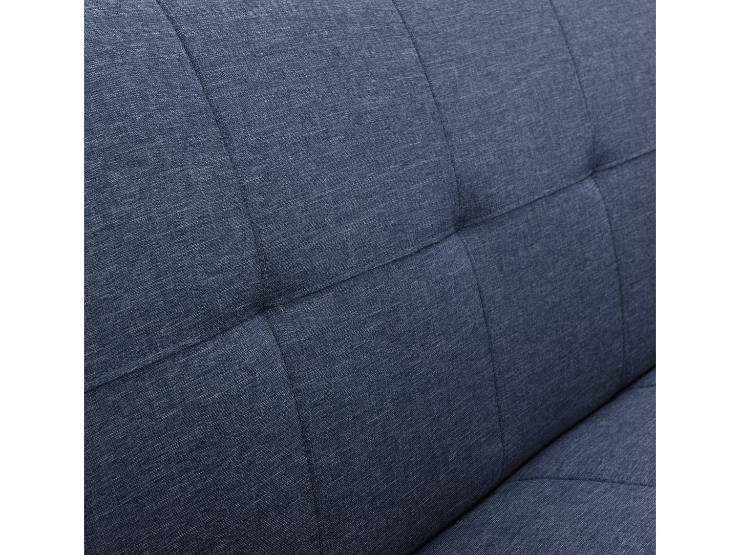Blue futon sofa bed with tufted cushions, wooden legs, and convertible design for modern living rooms.