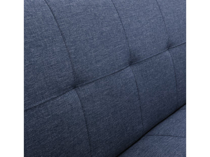 Blue futon sofa bed with tufted cushions, wooden legs, and convertible design for modern living rooms.