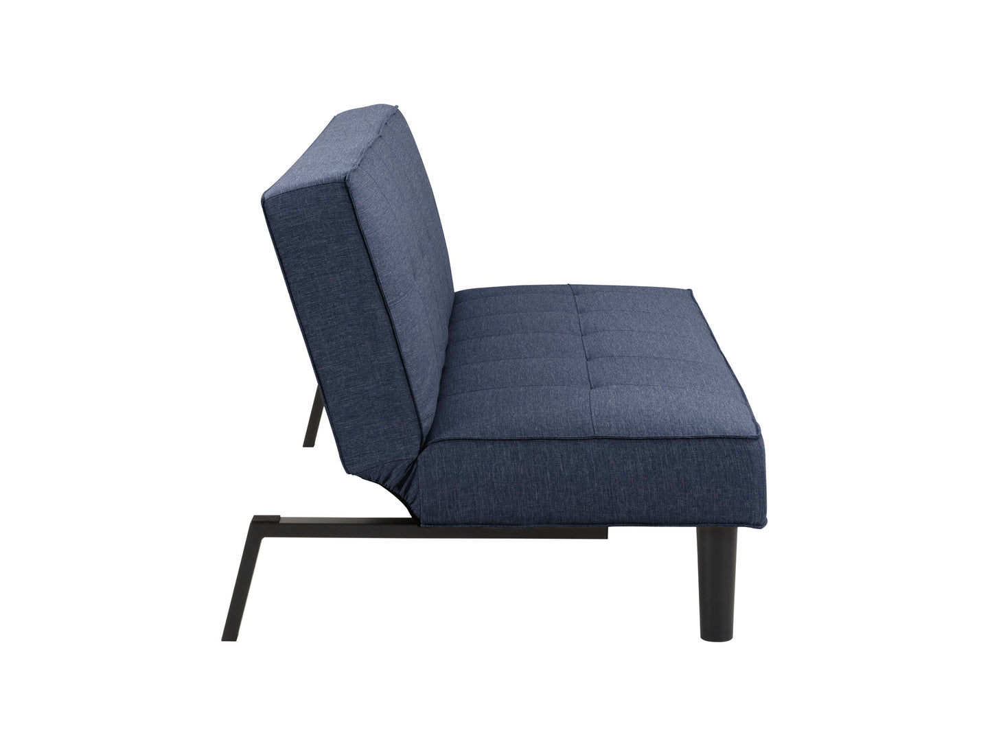 Blue futon sofa bed with tufted cushions, wooden legs, and convertible design for modern living rooms.