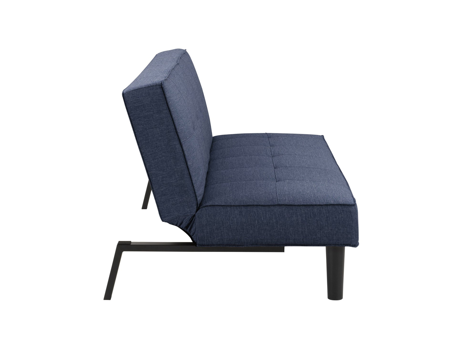 Blue futon sofa bed with tufted cushions, wooden legs, and convertible design for modern living rooms.