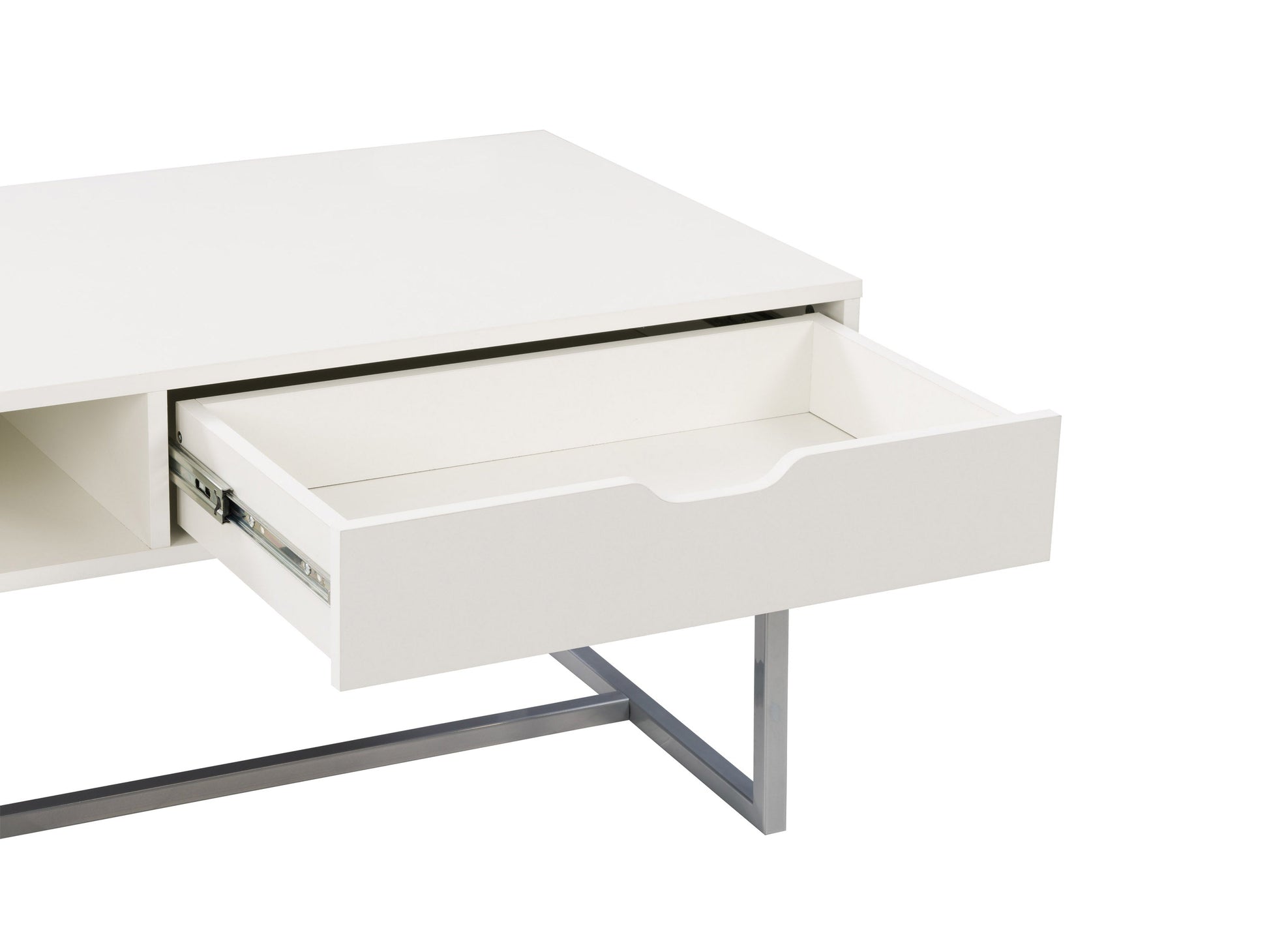White rectangular coffee table with sleek metal legs, modern minimalist design, perfect for contemporary living rooms.