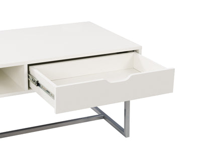 White rectangular coffee table with sleek metal legs, modern minimalist design, perfect for contemporary living rooms.