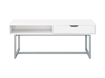 White modern rectangular coffee table with sleek metal legs and minimalist design