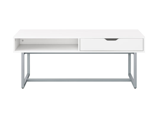 White modern rectangular coffee table with sleek metal legs and minimalist design