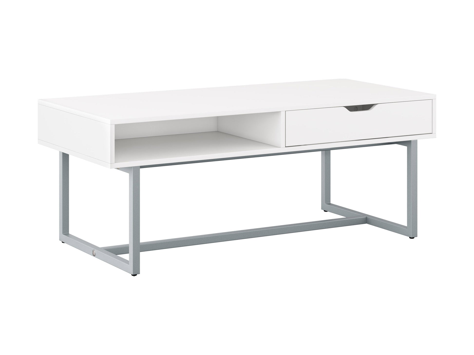 Modern white rectangular coffee table with sleek design and sturdy metal legs.