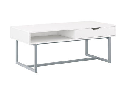 Modern white rectangular coffee table with sleek design and sturdy metal legs.