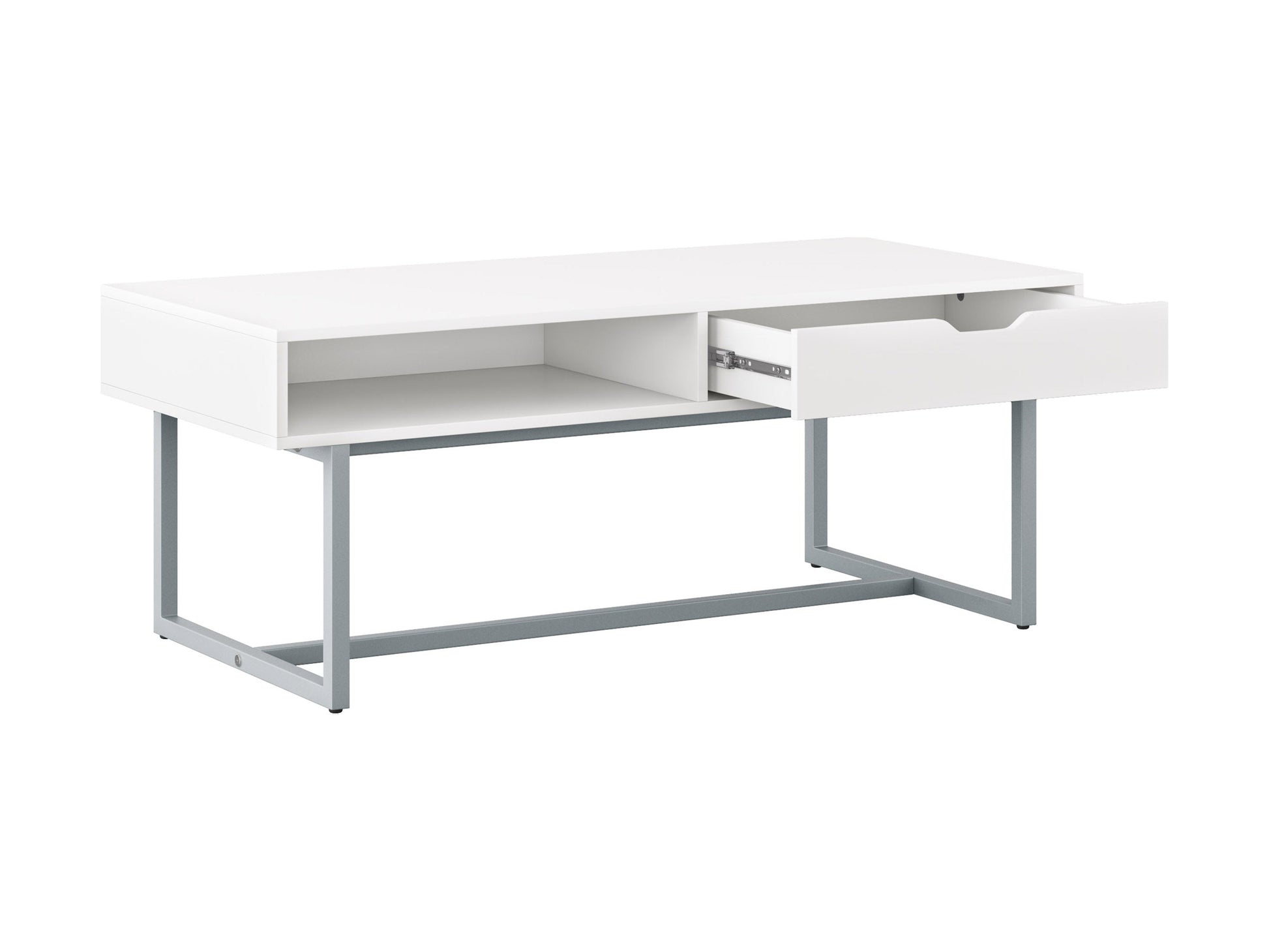 Modern white rectangular coffee table with sleek metal legs and minimalist design.