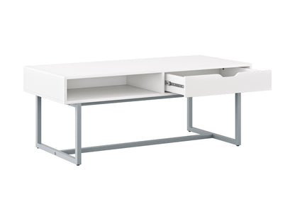 Modern white rectangular coffee table with sleek metal legs and minimalist design.