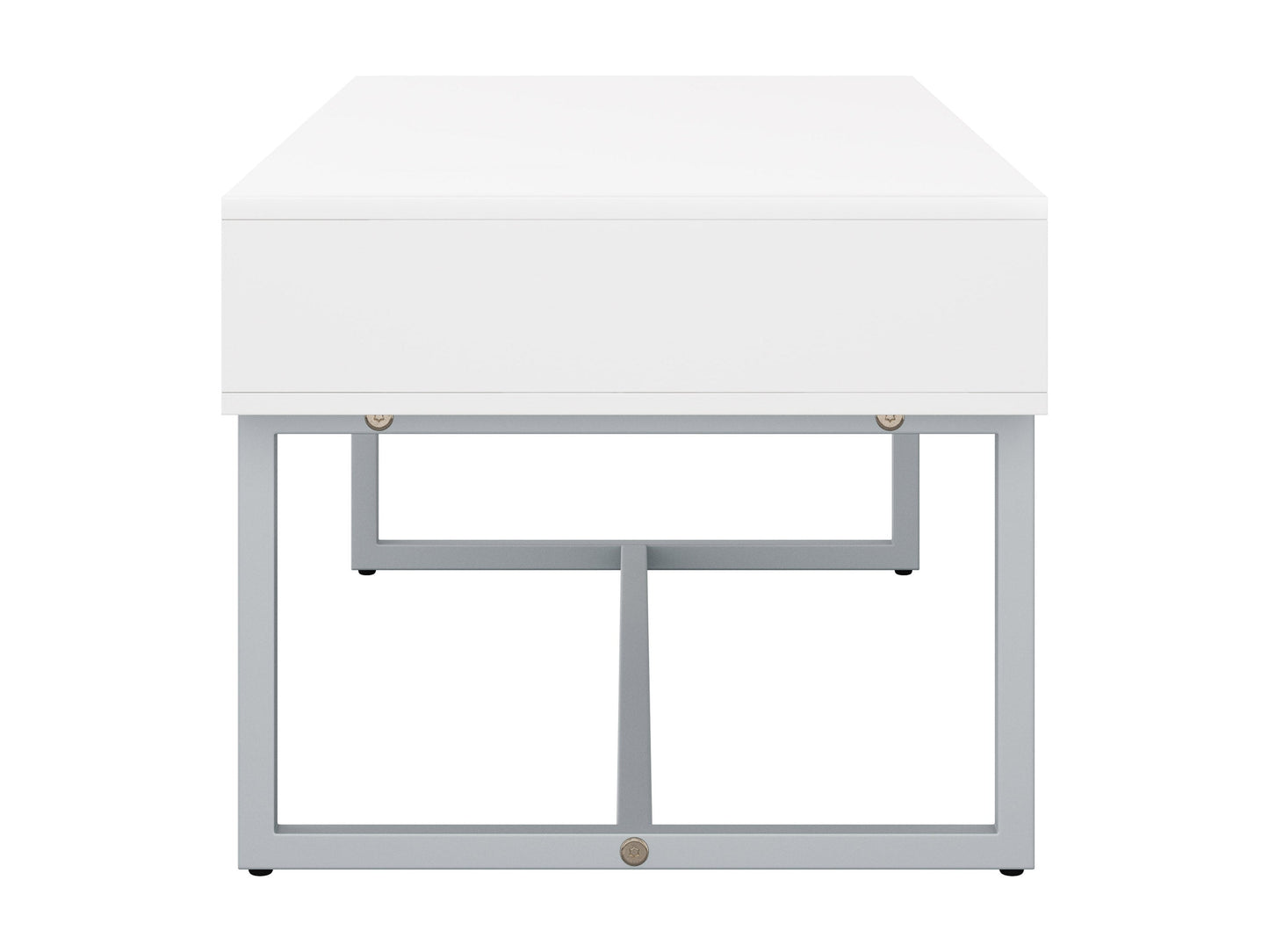 White rectangular coffee table with sleek metal legs and minimalist design, perfect for modern living rooms.