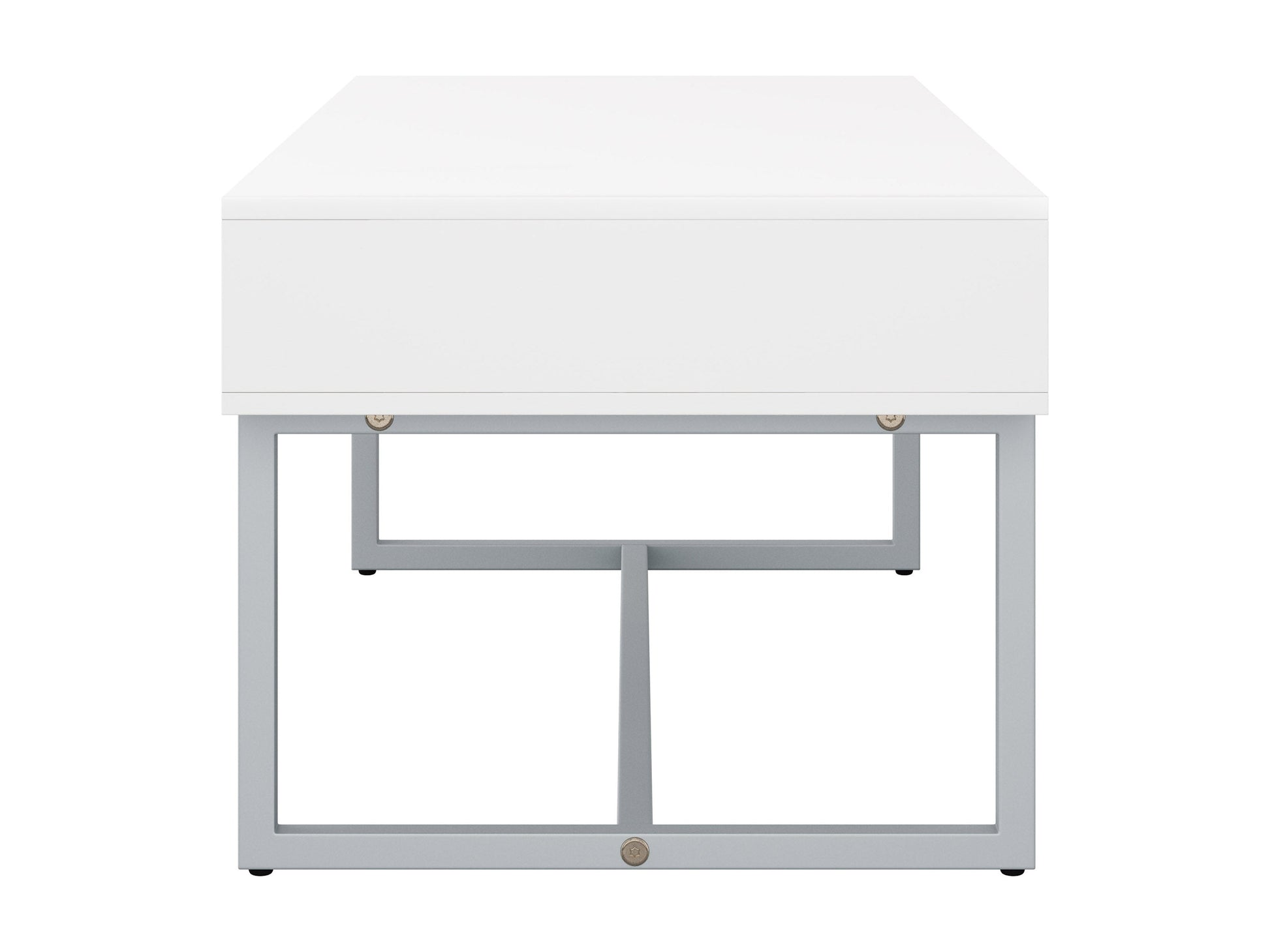 White rectangular coffee table with sleek metal legs and minimalist design, perfect for modern living rooms.
