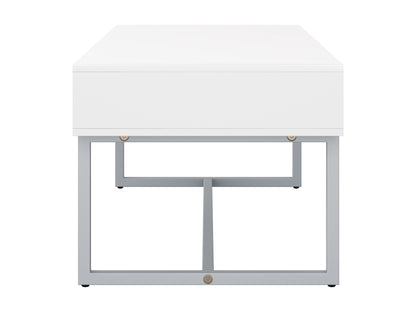 White rectangular coffee table with sleek metal legs and minimalist design, perfect for modern living rooms.