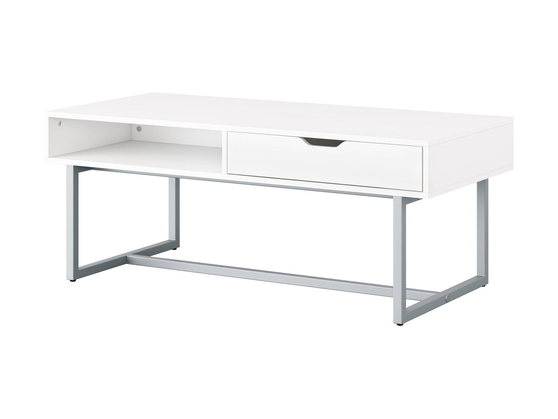 White rectangular coffee table with sleek metal legs and minimalist design