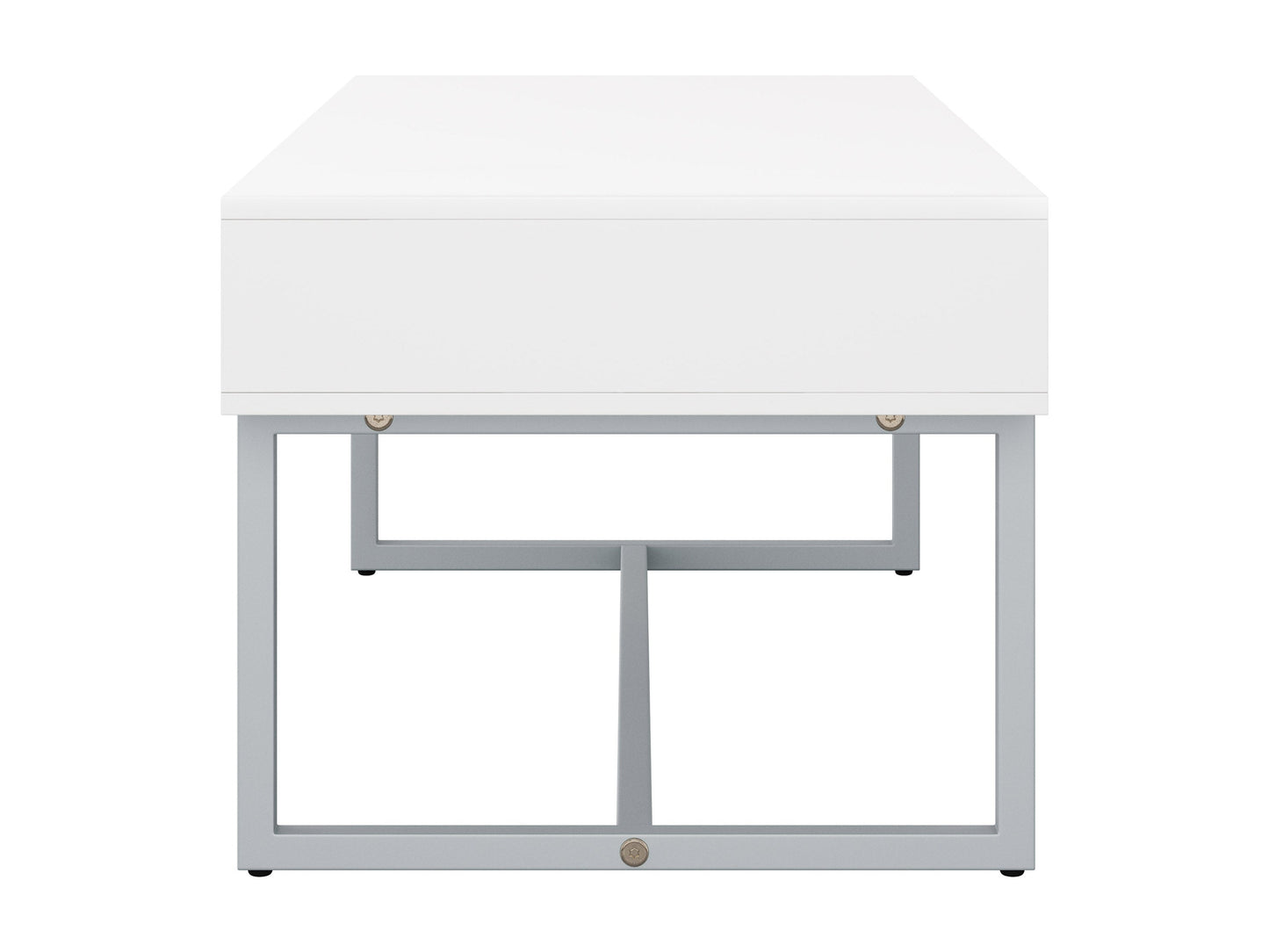 Modern white rectangular coffee table with sleek metal legs and minimalist design.
