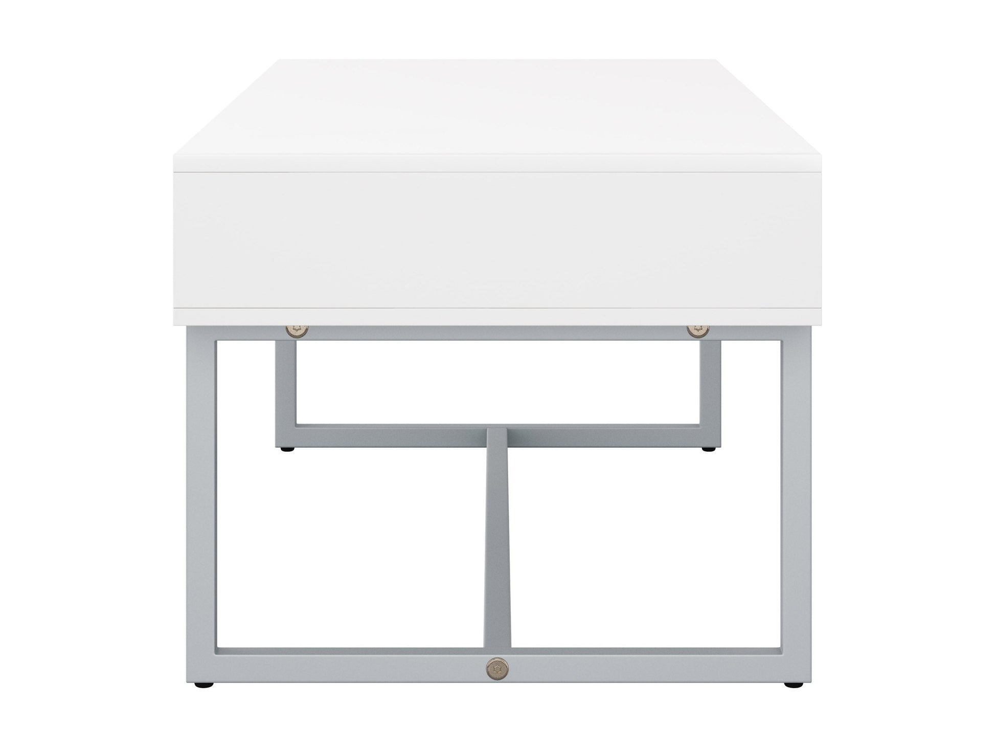 Modern white rectangular coffee table with sleek metal legs and minimalist design.