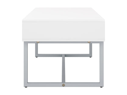 Modern white rectangular coffee table with sleek metal legs and minimalist design.