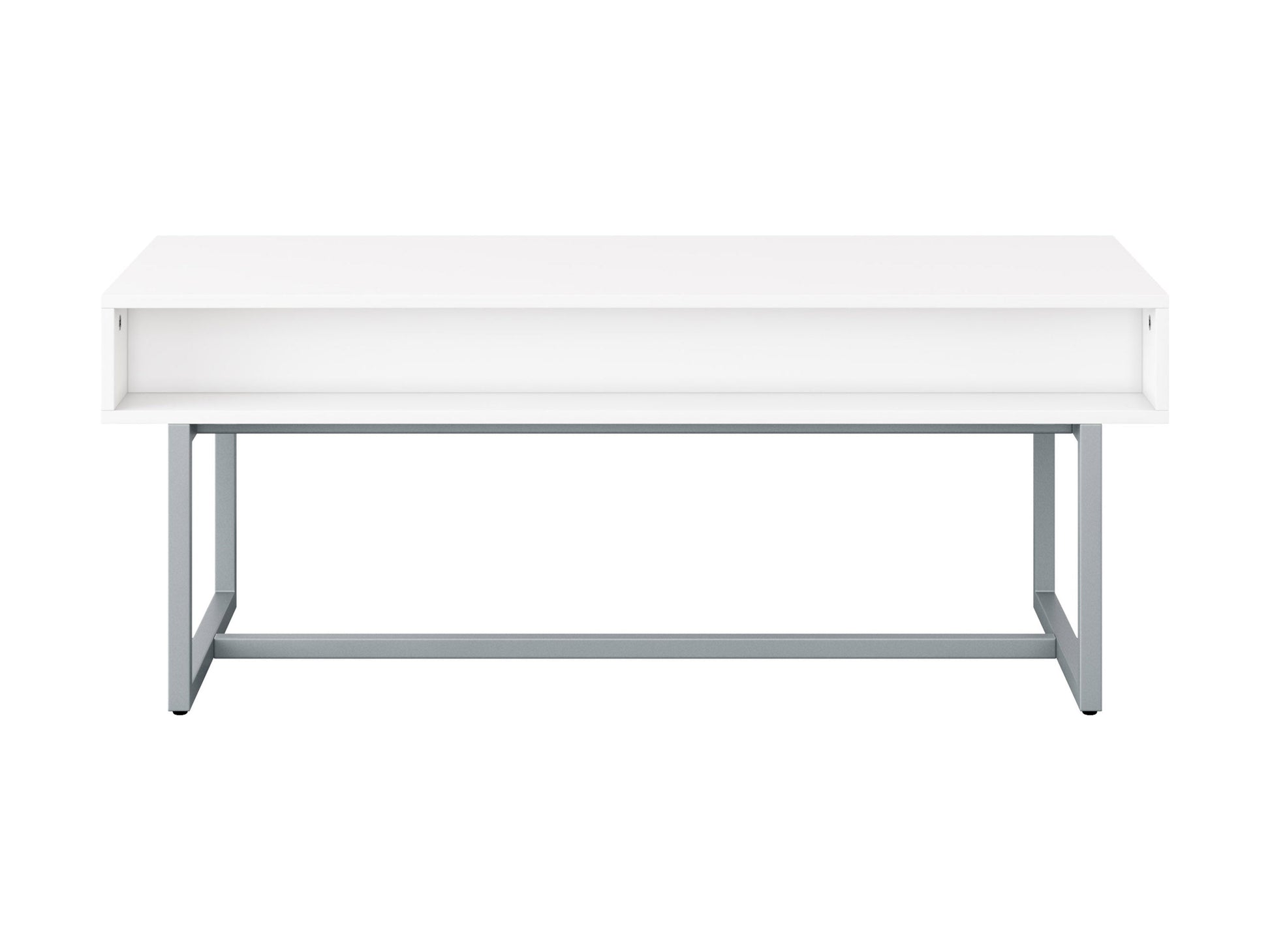 Modern rectangular white coffee table with sleek metal legs and minimalist design.