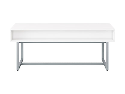 Modern rectangular white coffee table with sleek metal legs and minimalist design.