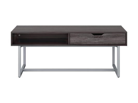 Modern grey rectangular coffee table with sleek metal legs and minimalist design.