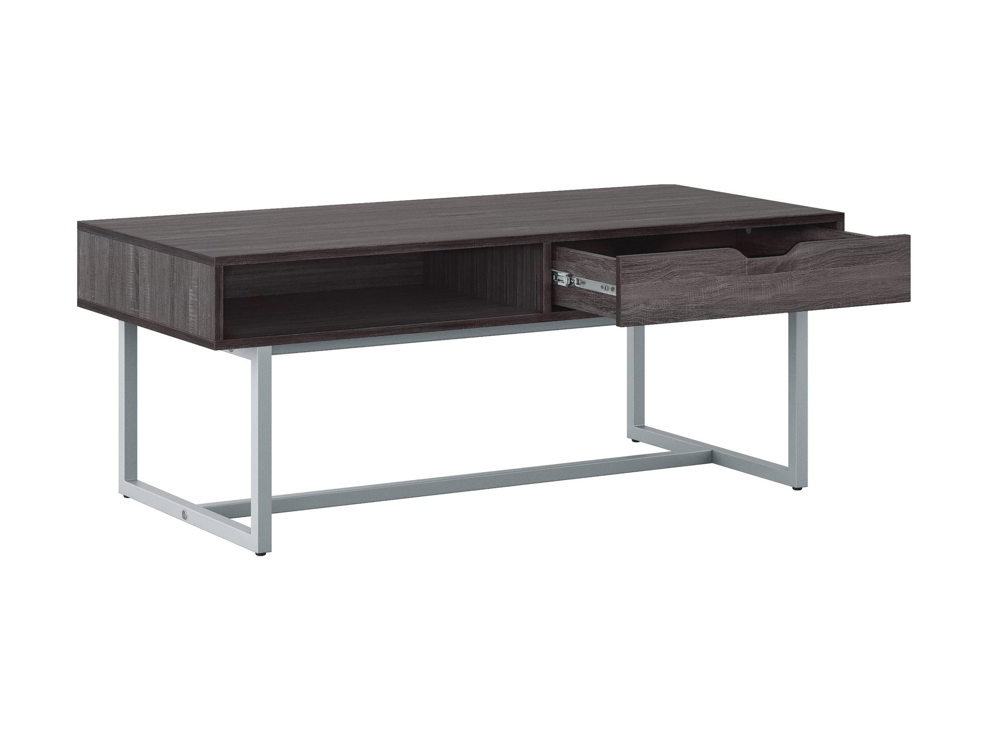 Modern grey rectangular coffee table with sleek metal legs and a minimalist design.