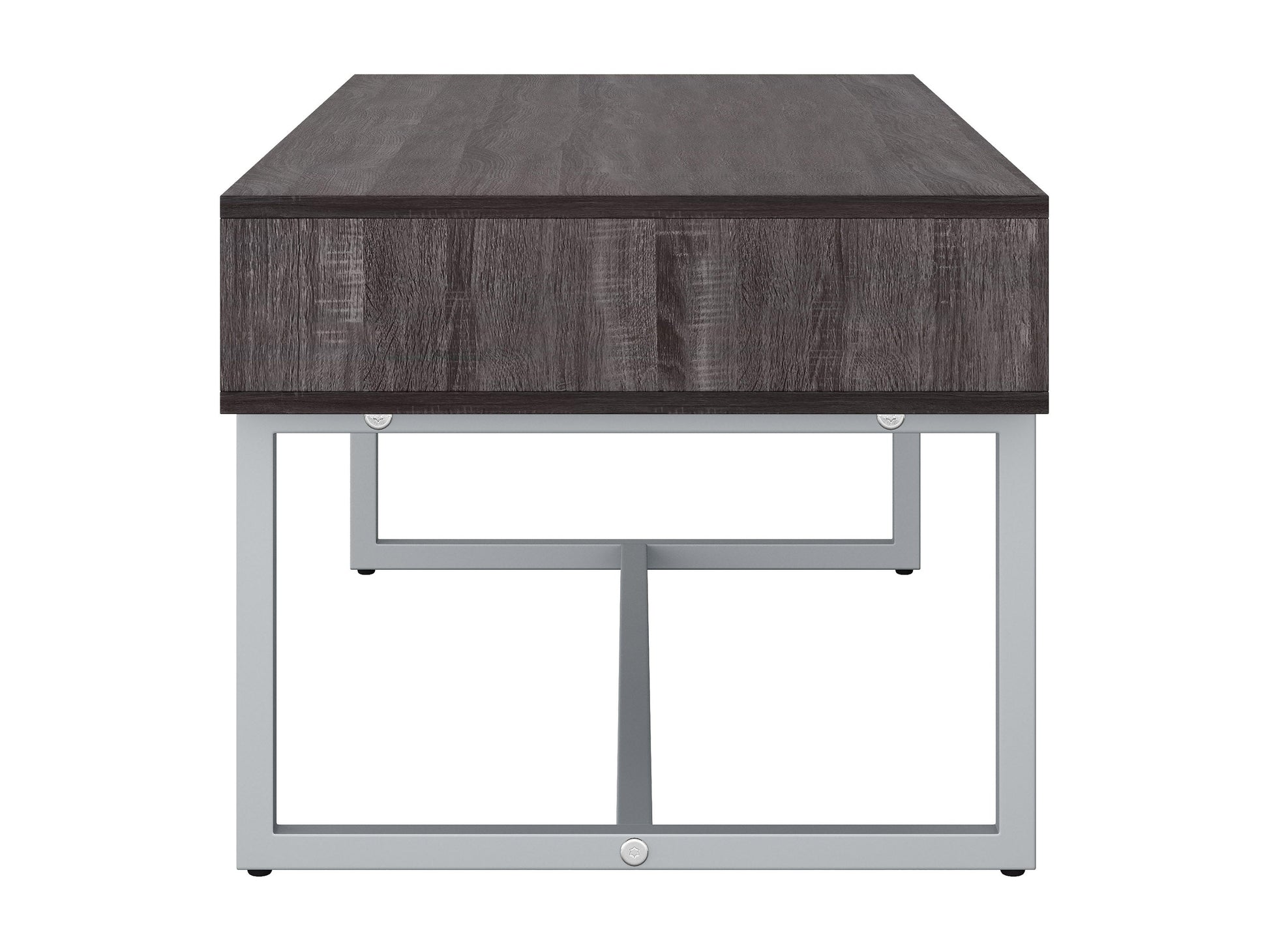 Modern rectangular grey coffee table with sleek metal legs and smooth finish.