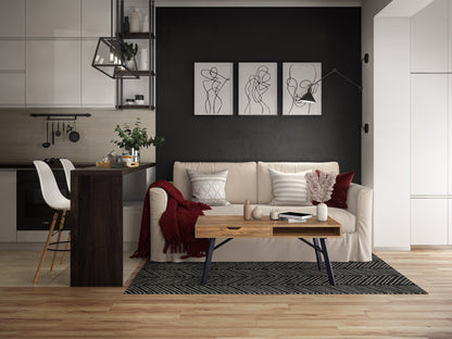 Rustic wood coffee table in brown with sturdy legs, natural grain texture, and a spacious rectangular surface.