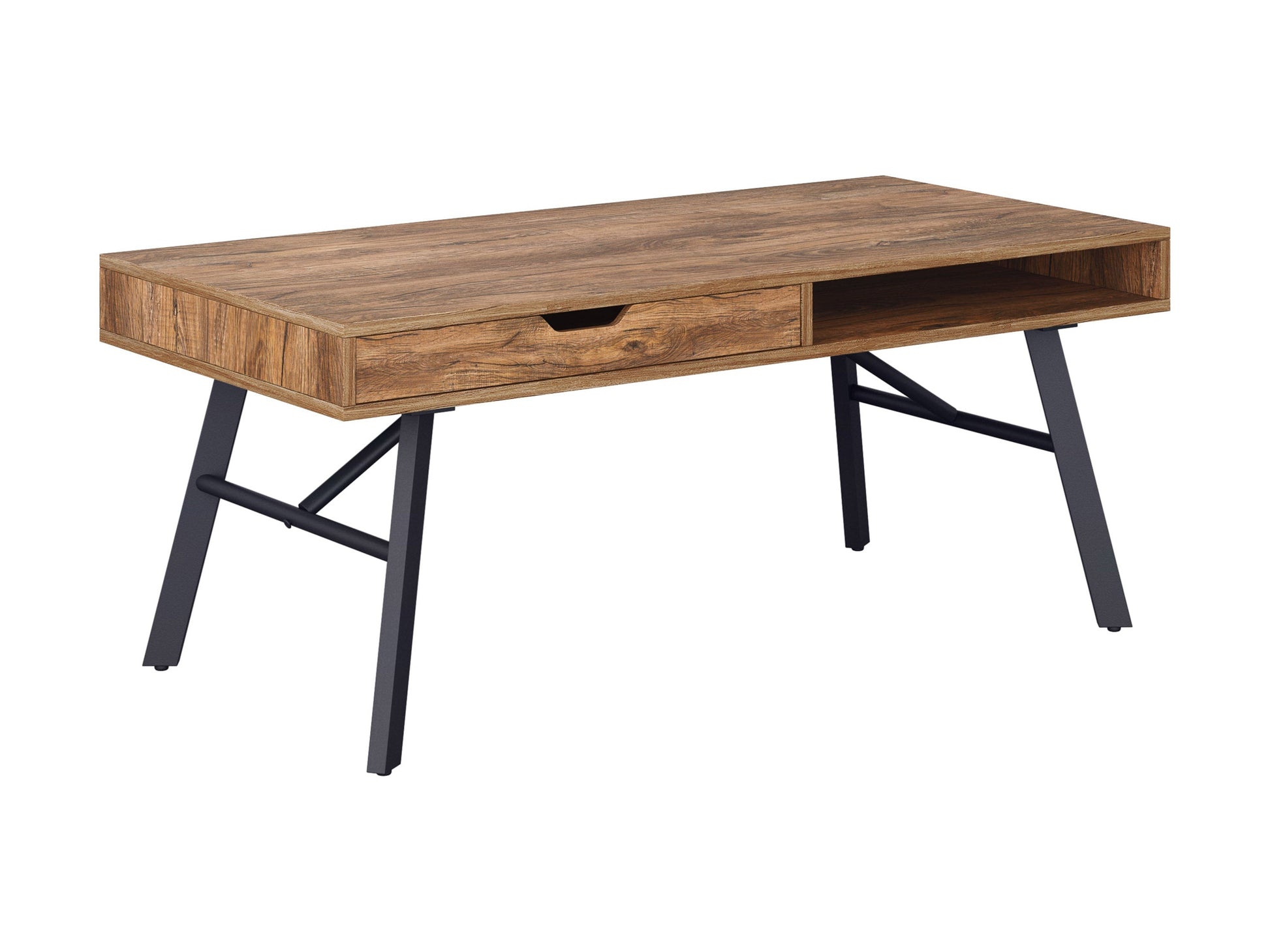 Rustic brown wood coffee table with sturdy metal legs and a natural finish, perfect for living room decor.