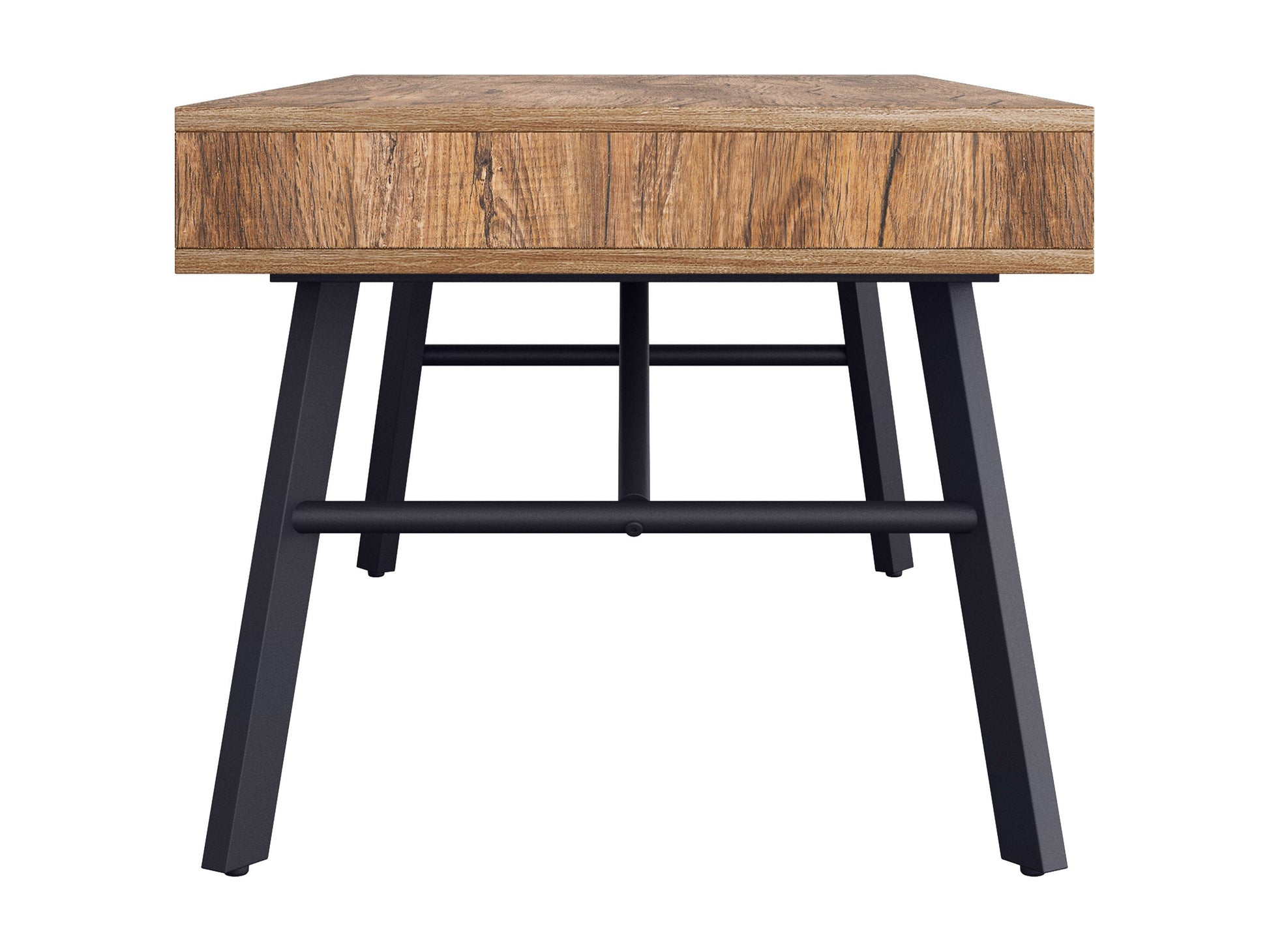 Rustic brown wood coffee table with metal frame, industrial design, and spacious surface.