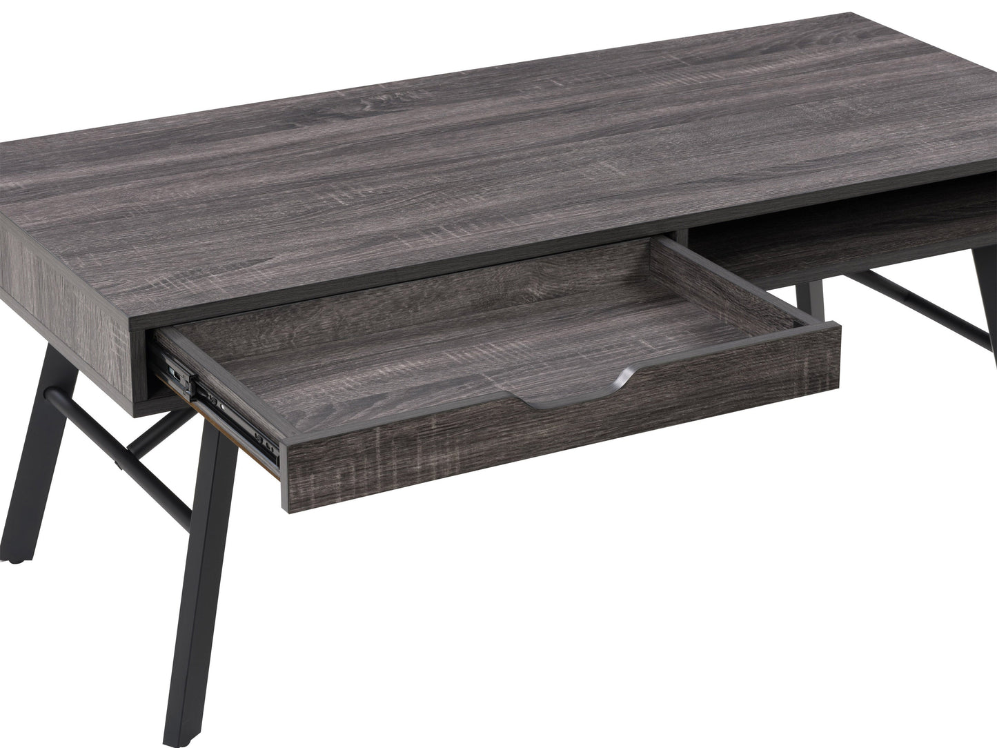 Rustic grey wood coffee table with a natural finish and sturdy black metal legs.