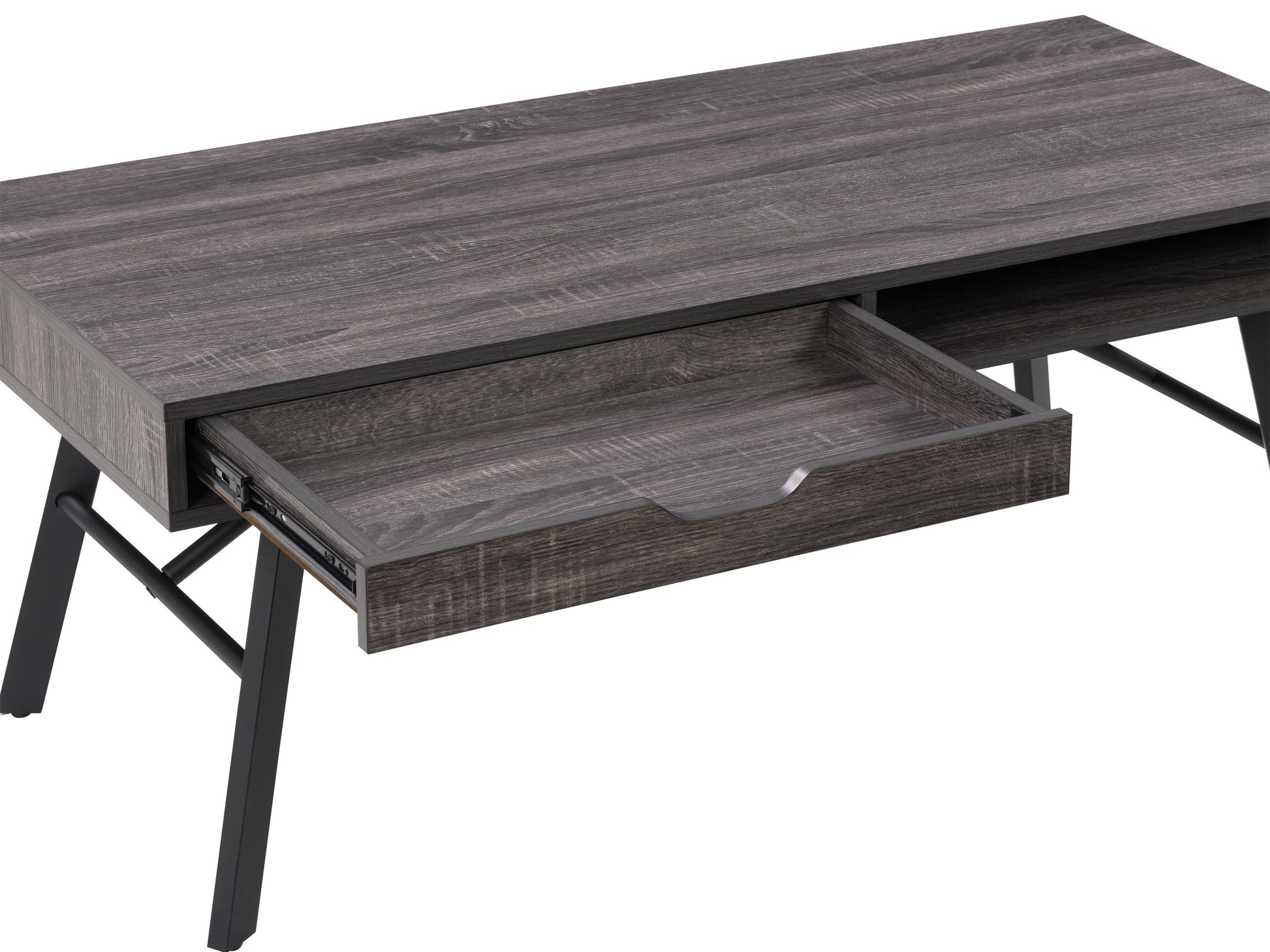 Rustic grey wood coffee table with a natural finish and sturdy black metal legs.