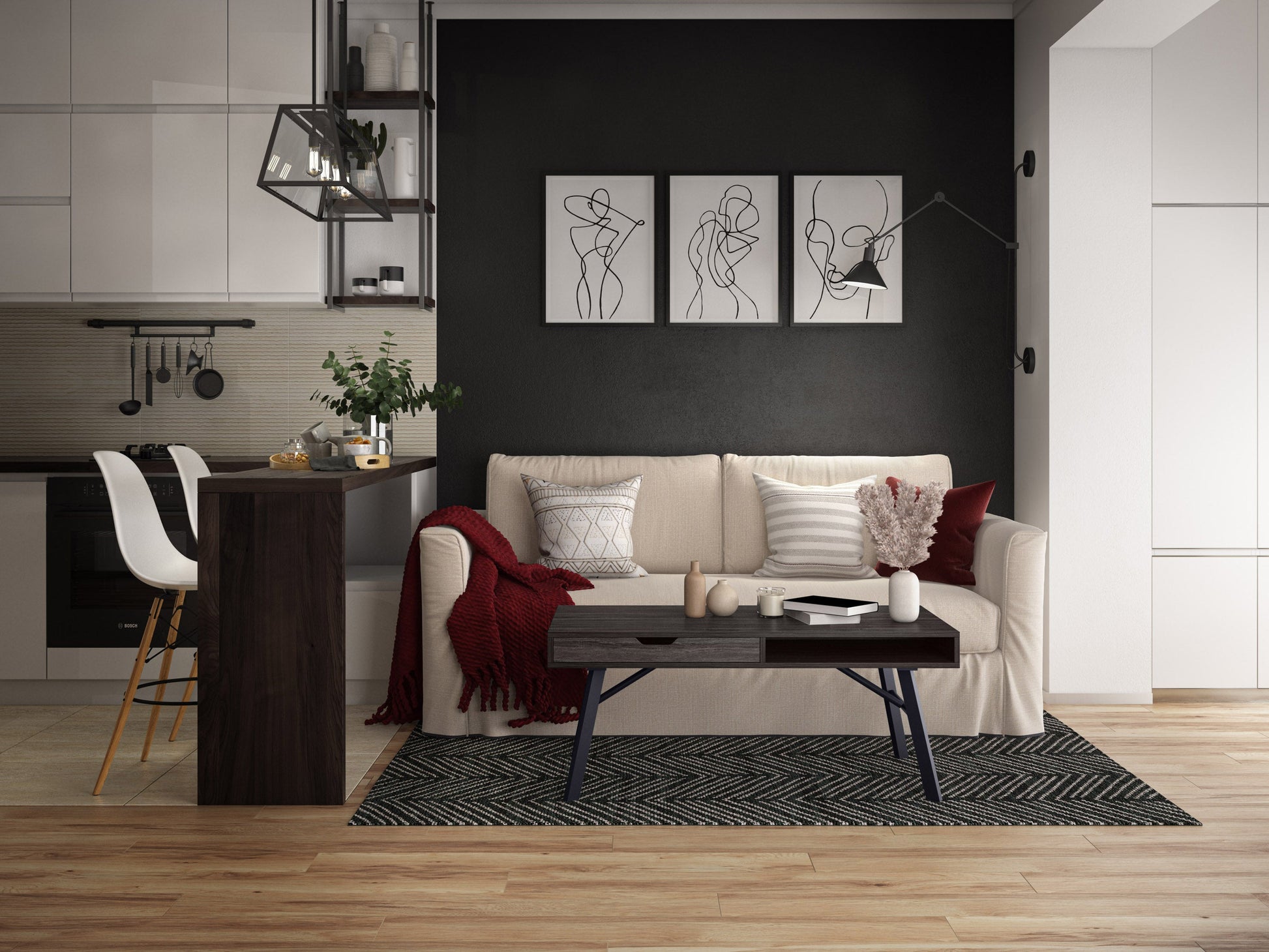 Rustic grey wood coffee table with a textured finish and sturdy black metal legs.