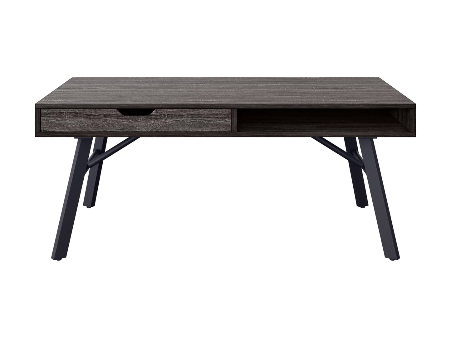 Rustic grey wood coffee table with storage shelf, farmhouse style, and natural wood grain finish.