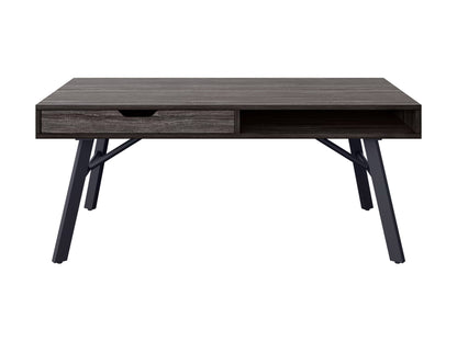 Rustic grey wood coffee table with storage shelf, farmhouse style, and natural wood grain finish.