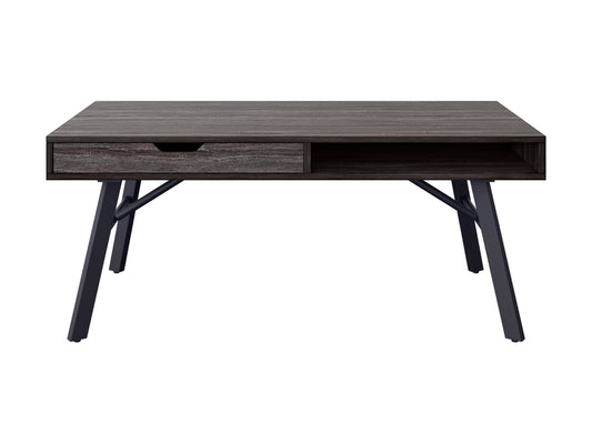 Rustic grey wood coffee table with storage shelf, farmhouse style, and natural wood grain finish.