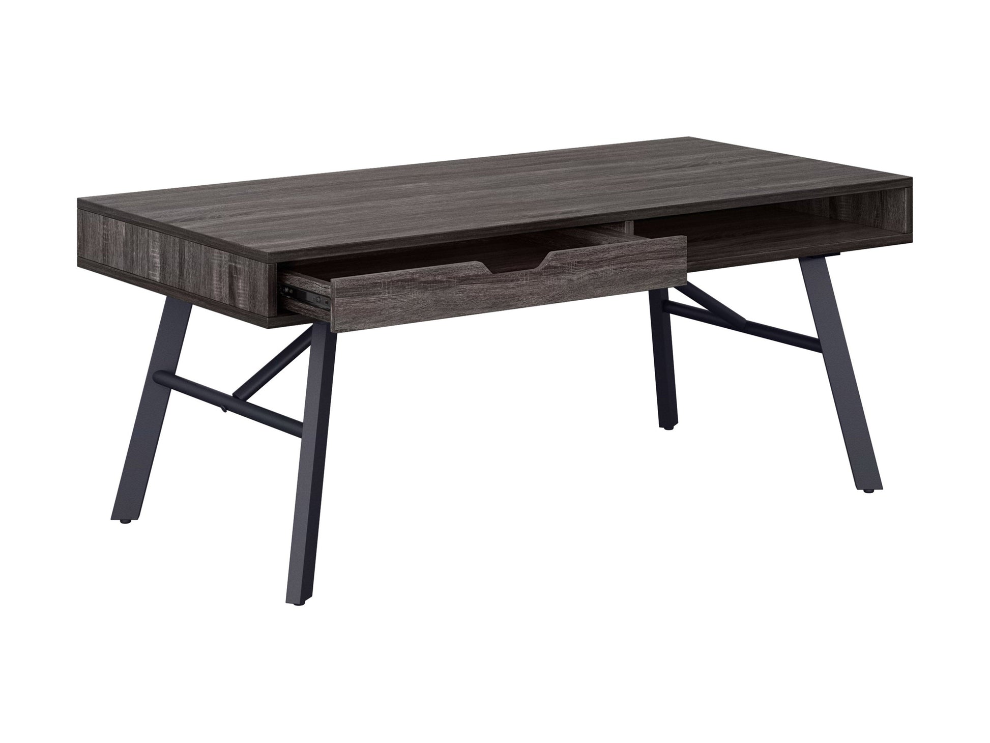 Rustic grey wood coffee table with textured finish and sturdy metal legs.