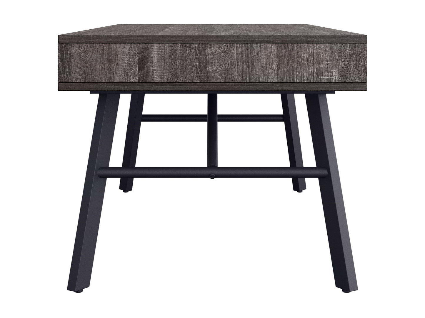 Rustic grey wood coffee table with sturdy metal legs and a minimalist design.