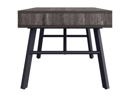 Rustic grey wood coffee table with sturdy metal legs and a minimalist design.