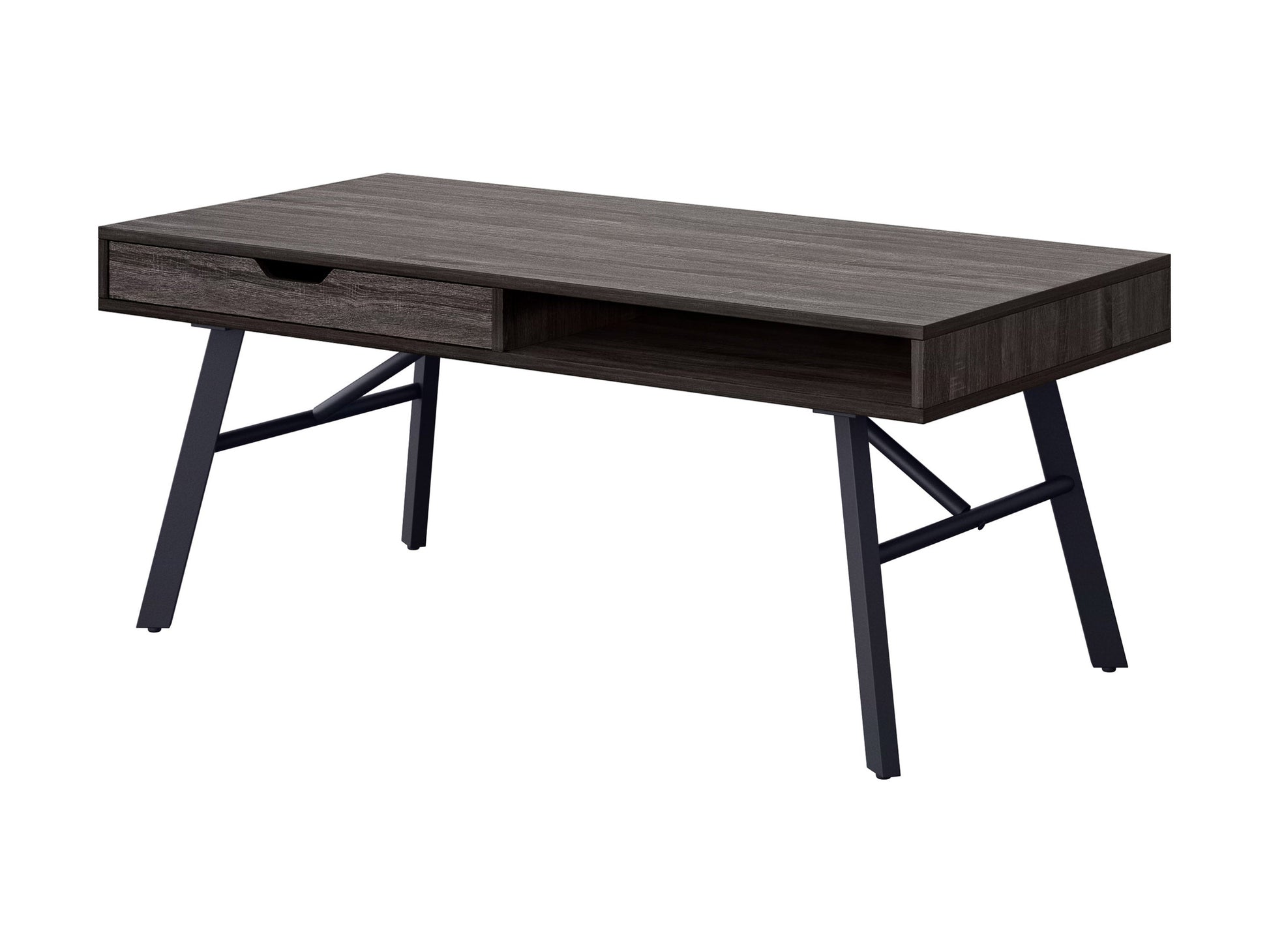 Rustic grey wood coffee table with sturdy legs, perfect for living room or lounge area.
