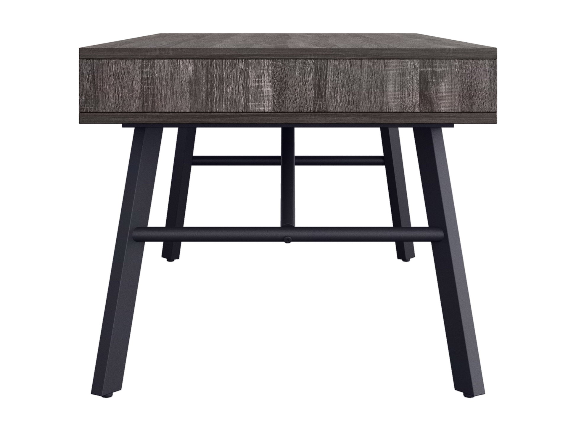 Rustic grey wood coffee table with a textured finish and sturdy black metal legs.