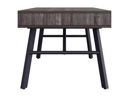 Rustic grey wood coffee table with a textured finish and sturdy black metal legs.