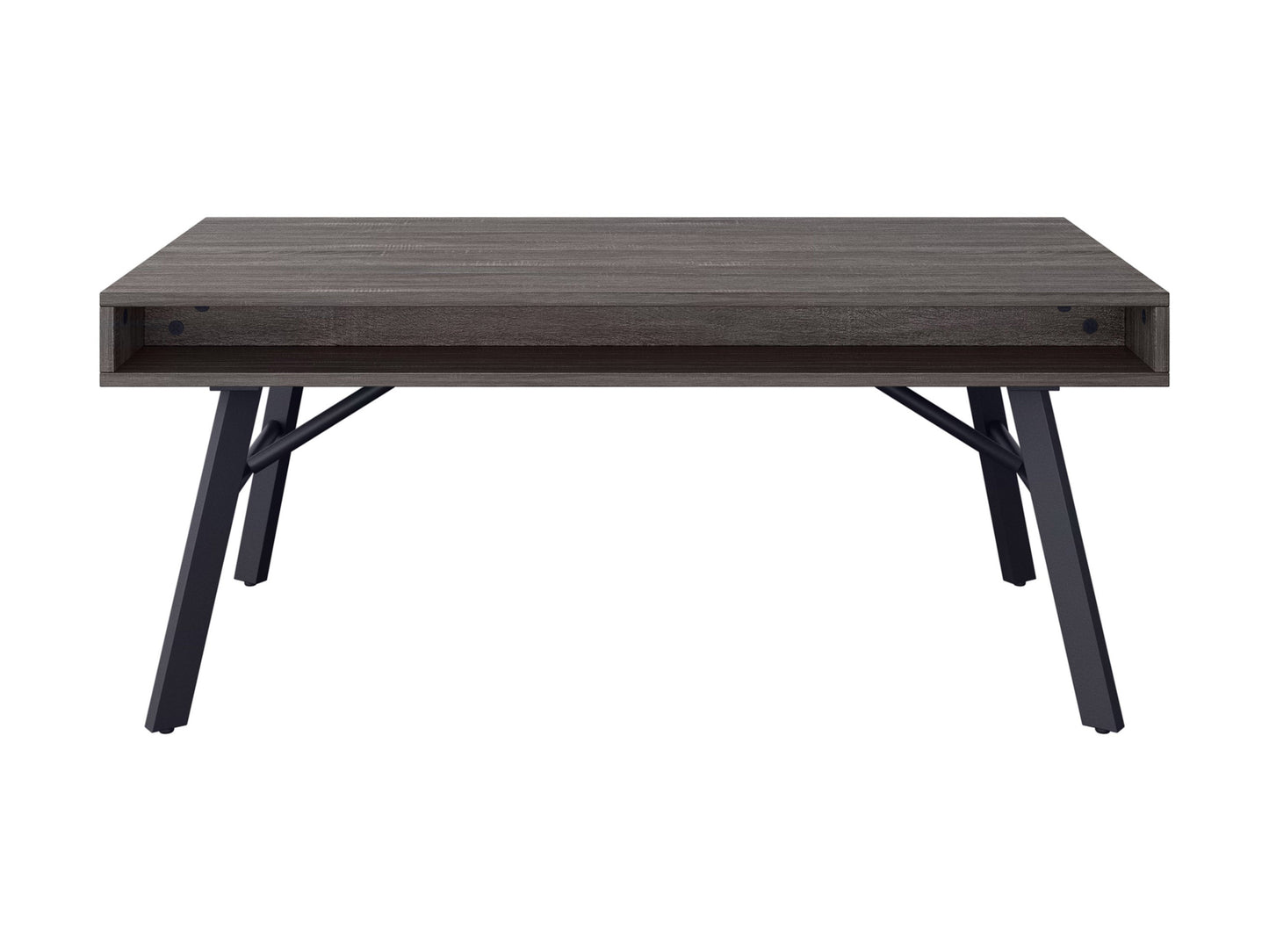 Rustic grey wood coffee table with sturdy legs and natural finish for living room decor.