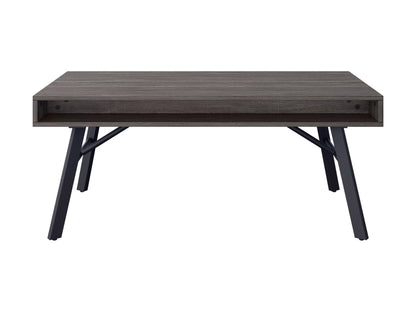 Rustic grey wood coffee table with sturdy legs and natural finish for living room decor.