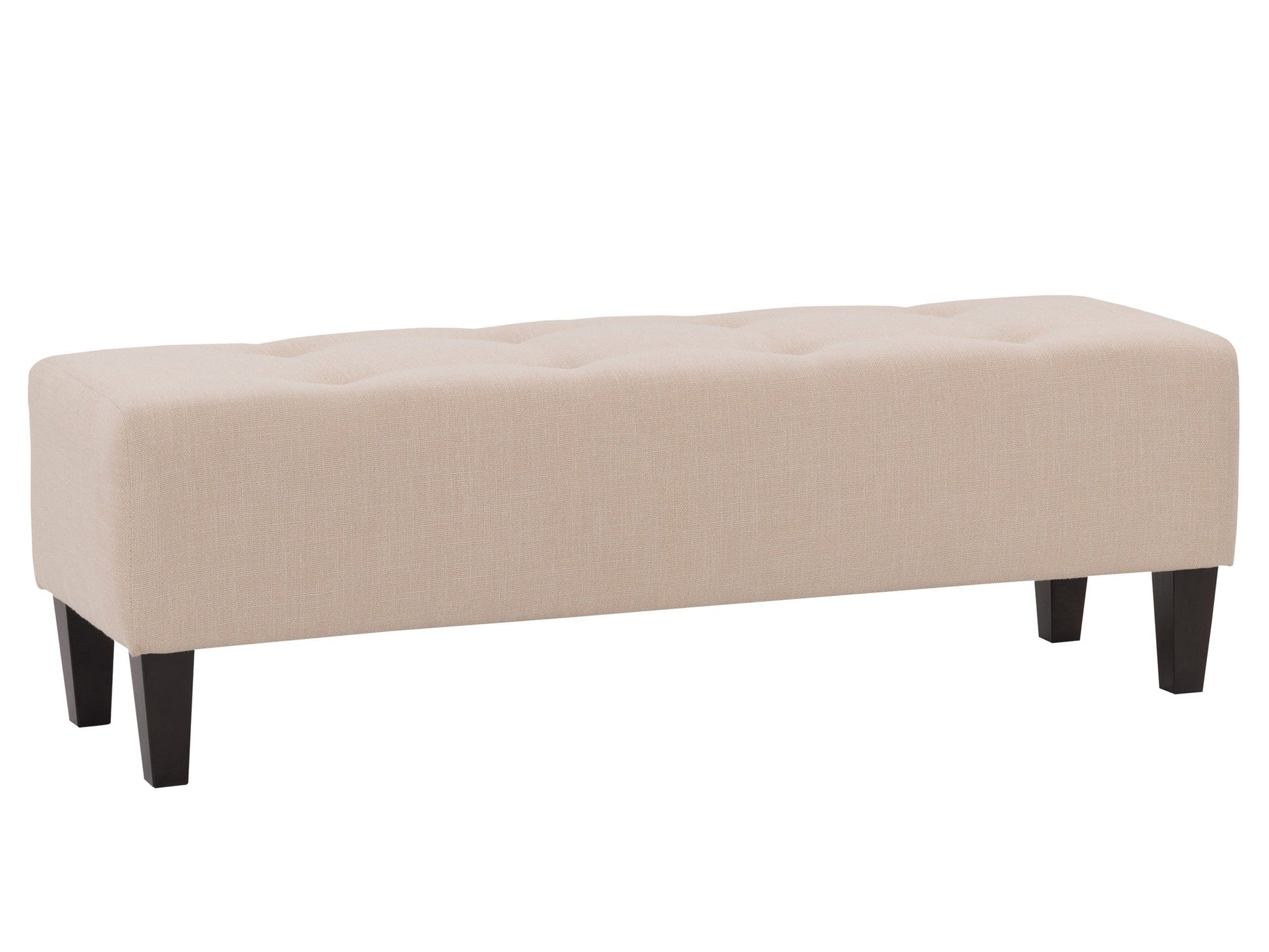 Cream accent bench with wooden legs, upholstered seat, and minimalist design for modern interiors.