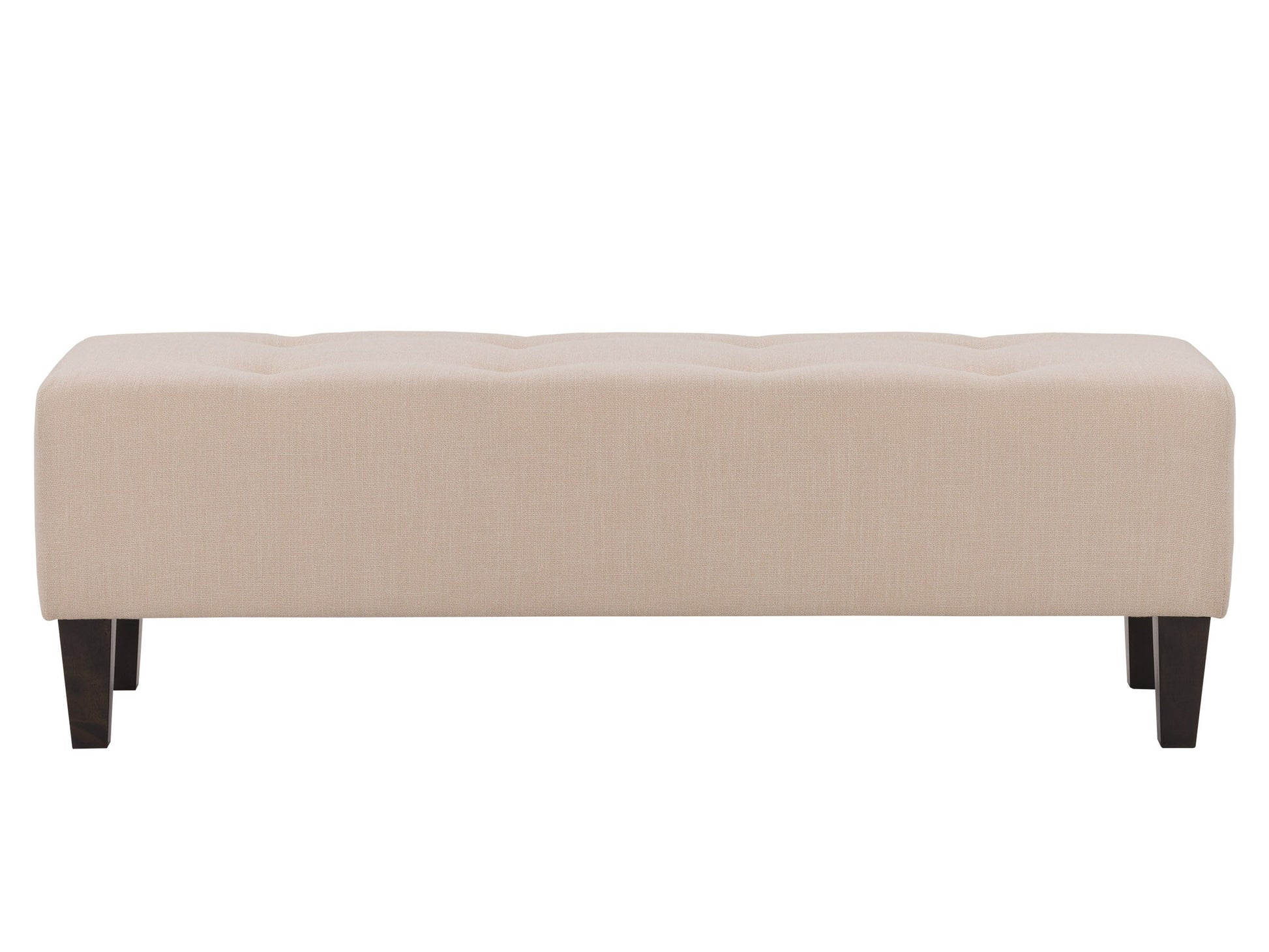 Cream accent bench with cushioned seat, wooden legs, and minimalist design for modern living spaces.